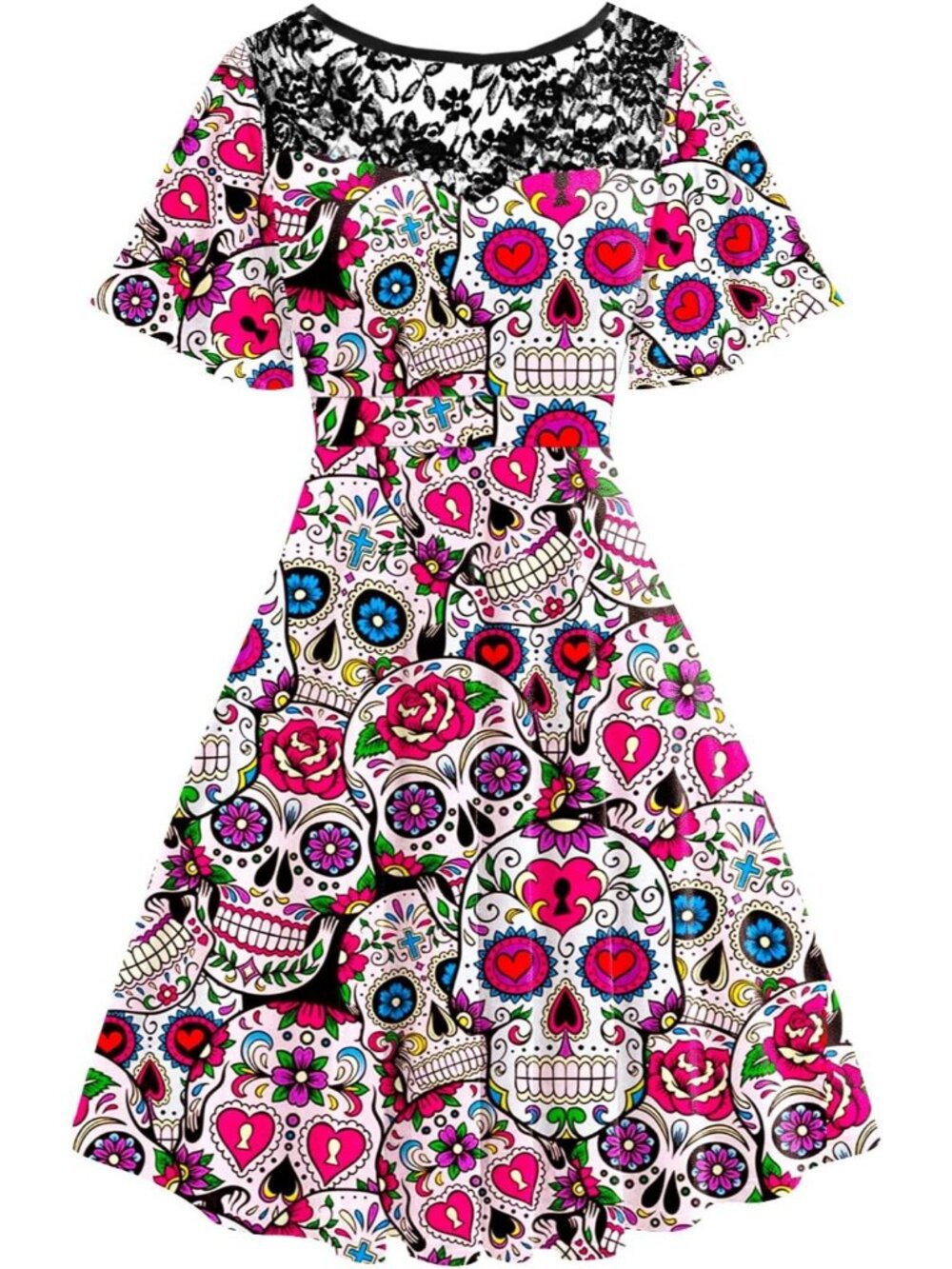 Women Halloween Lace Flutter Sleeve A-Line Party Dresses - Sugar Skull White